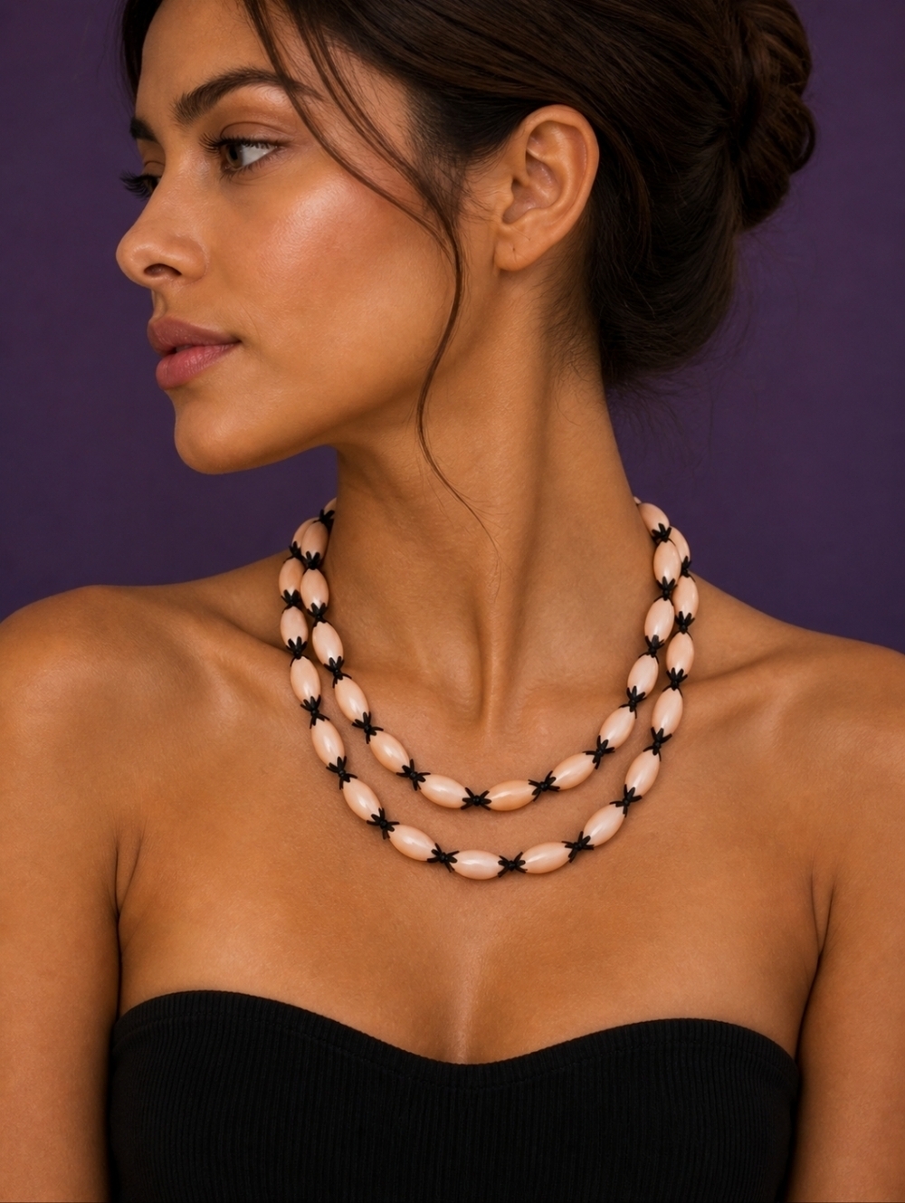 Vintage MCM Black and Light Pink Acrylic Beaded Necklace